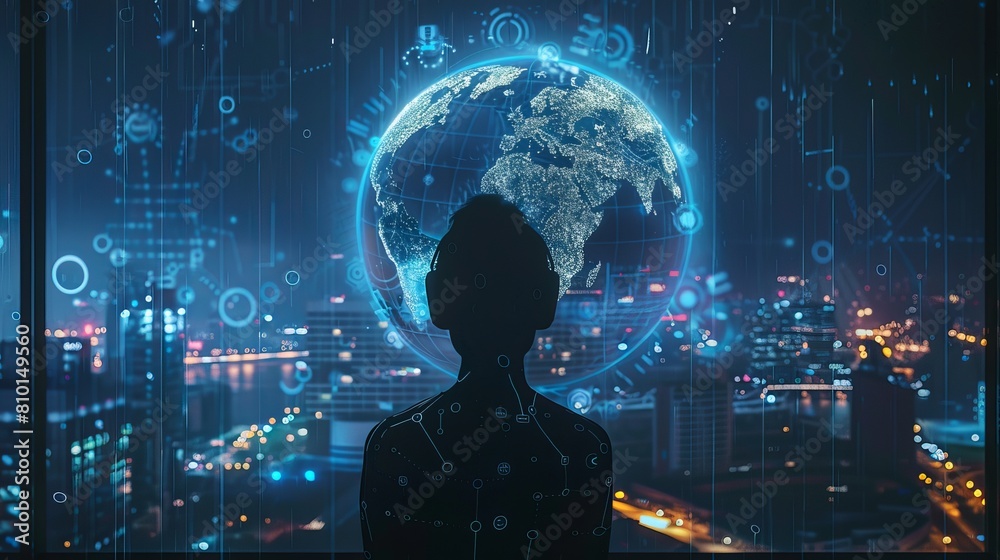 Visualization of artificial intelligence overseeing a smart city connected globally via mobile internet, managing infrastructure and ensuring safety. Visualization of artificial intelligence overseeing a smart city connected globally via mobile internet, managing infrastructure and ensuring safety.