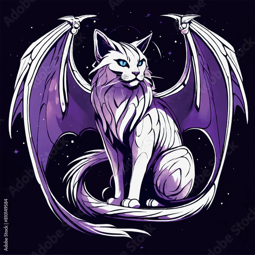 a cartoon drawing of a cat with a purple tail and the word evil on it