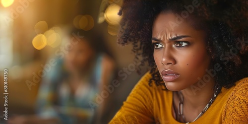 African American woman in stylish clothes looking upset at reflection in mirror. Concept Fashion Photography, Emotional Expression, Identity and Reflection, Stylish Outfit, Unhappy Expression photo