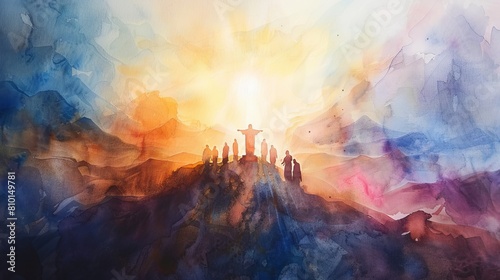 Majestic watercolor of the transfiguration with Jesus shining brightly on the mountaintop
