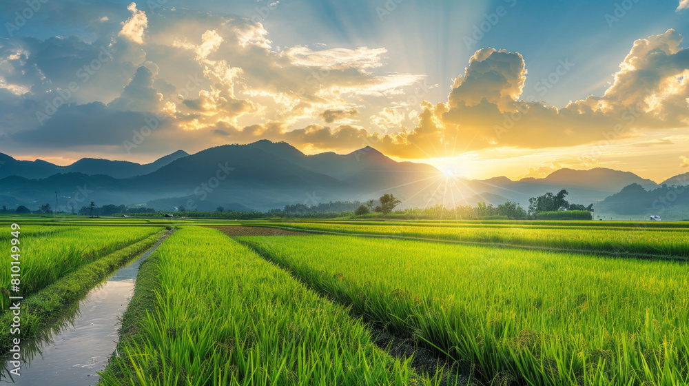 A beautiful rice field at sunset, with mountains in the background and clouds overhead. The golden light shines on the green paddy fields, creating an atmosphere of tranquility and harmony. A beautiful rice field at sunset, with mountains in the background and clouds overhead. The golden light shines on the green paddy fields, creating an atmosphere of tranquility and harmony.