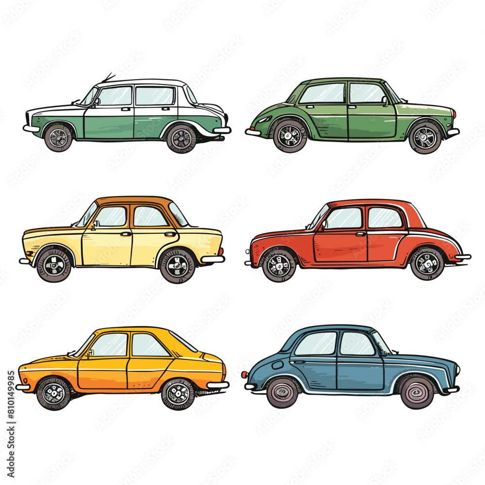 Set vintage cars illustrated various colors. Classic car collection, retro automobile style, handdrawn vehicles. Colorful classic cars, side view, cartoon car illustrations, transport theme