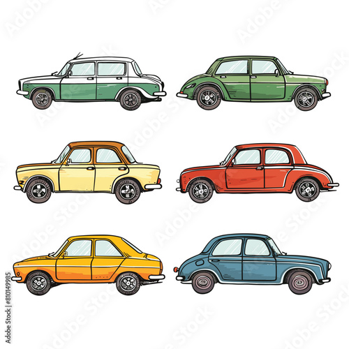 Set vintage cars illustrated various colors. Classic car collection, retro automobile style, handdrawn vehicles. Colorful classic cars, side view, cartoon car illustrations, transport theme
