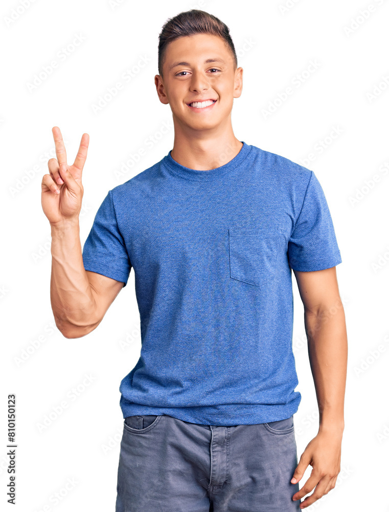Young handsome hispanic man wearing casual clothes smiling with happy face winking at the camera doing victory sign. number two. Young handsome hispanic man wearing casual clothes smiling with happy face winking at the camera doing victory sign. number two.