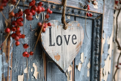 the word "love" in a wooden white heart, on a shabby blue wooden wall with red berries