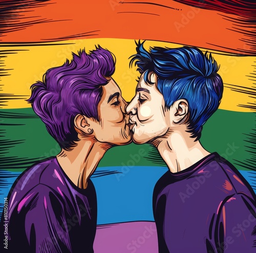 Pride Day themed illustration of two men kissing while wearing rainbow gradient coloured. Rainbow flags that spell "PRIDE". Background sky blue with white clouds.