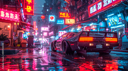 A neon city street with a car in the foreground