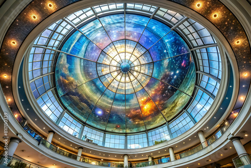 A shopping mall s glass dome painted in a detailed galactic theme  making it appear as a portal to outer space  against a soft grey background