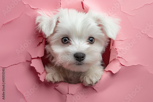 White dog peaking from a hole in a pink monochromatic background. Generative AI photo