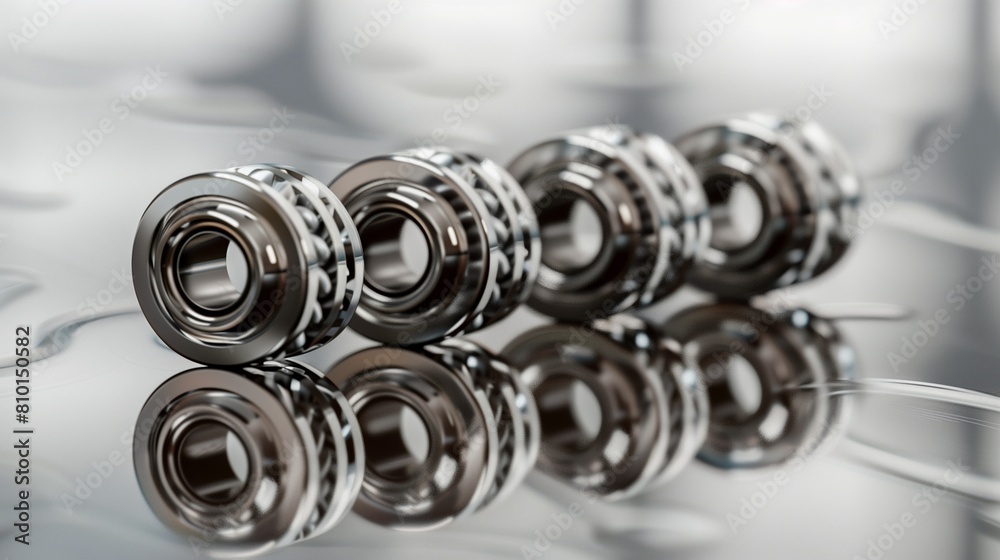 Ultra Realistic Image of Silver Metallic Bearings Arranged Neatly Over a Reflective Surface Ultra Realistic Image of Silver Metallic Bearings Arranged Neatly Over a Reflective Surface