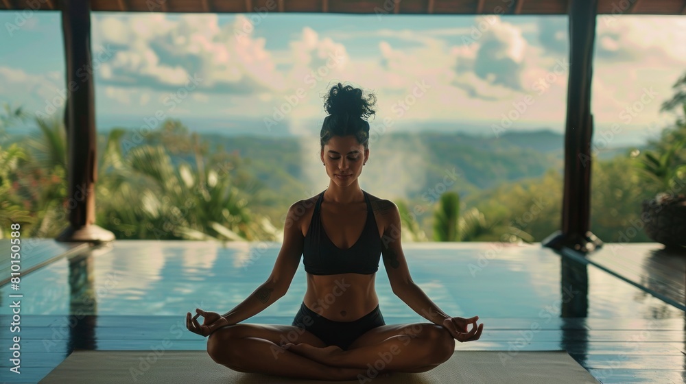 Portrait of attractive young woman with beautiful face practicing yoga in a villa with a view on mesmerizing landscape