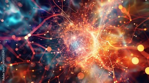Scientific vector illustration quantum computer technology. Plexus fiction effect. Deep learning artificial intelligence. Big data algorithms visualization. Quantum explosion background