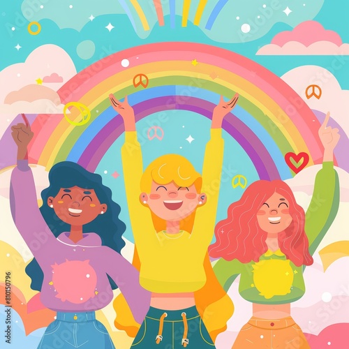 Pride Day themed illustration of three diverse people holding up the rainbow flag with  proud  written on it. In the background there s clouds and peace signs and rainbows.