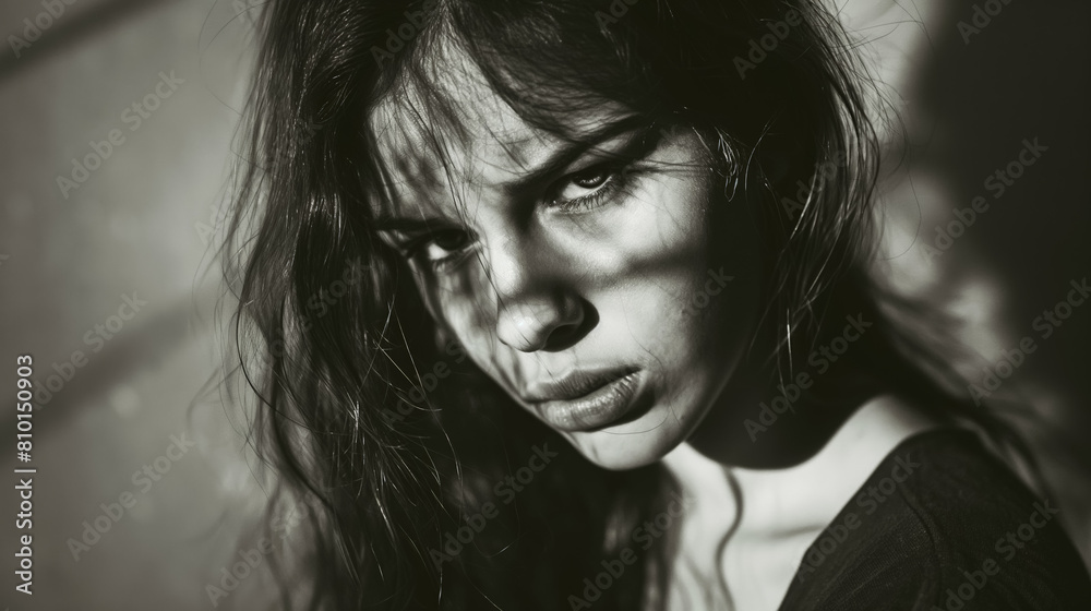 Young woman with intense eyes deeply captivating, set against a shadowy background. Young woman with intense eyes deeply captivating, set against a shadowy background.