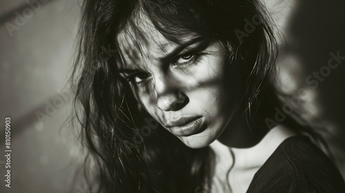 Young woman with intense eyes deeply captivating, set against a shadowy background.