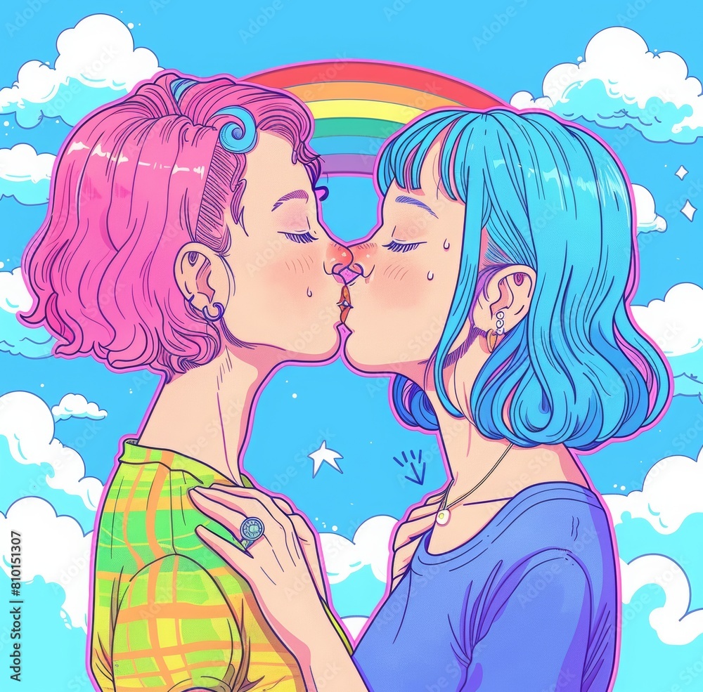 Pride Day themed illustration of two women kissing while wearing rainbow gradient coloured. Rainbow flags that spell 