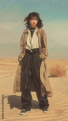 A young girl in a raincoat with her hands folded in her pants pockets in the middle of the desert
