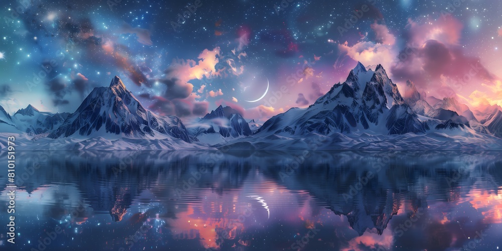 Majestic Night Sky Illuminates Snow-Capped Mountain Range With Reflective Lake. AI.