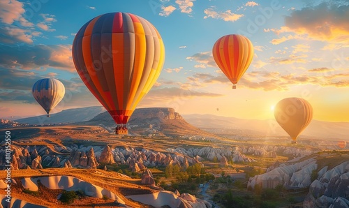 Amazing hot air balloons in flight over a rocky landscape photo