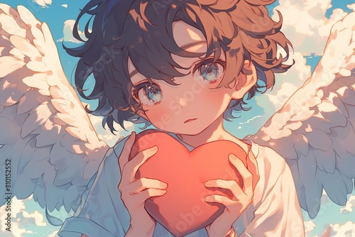 anime angel boy with white wings holding a red heart photo