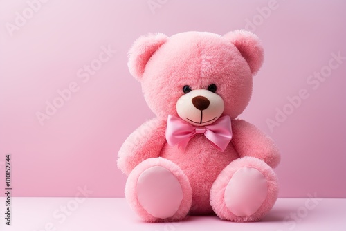 cute pink fluffy teddy bear toy with tie bow sitting on a pink background with copy space