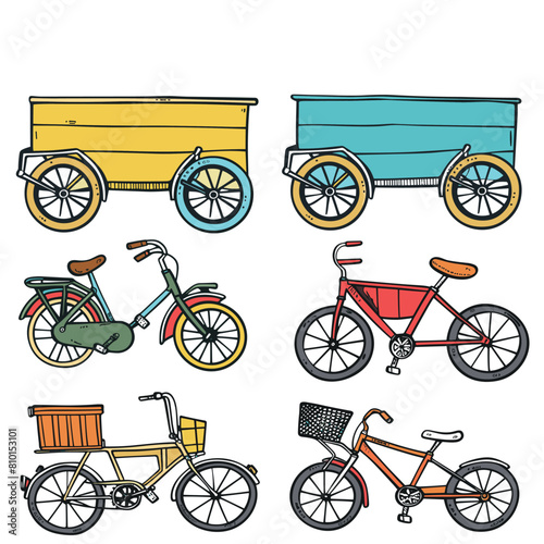 Collection vector illustrations featuring various bicycles cargo trailers brightly colored. Simple line art style suitable icons, decals, childrens book graphics. Design elements bicycle