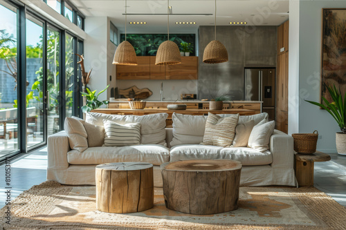 Modern living room featuring furniture made from reclaimed timber, showcasing elegant sustainability. AI generated.
