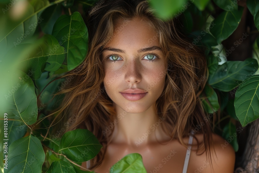 A fresh-faced young woman wrapped in nature's embrace, symbolizing a seamless union with the environment A fresh-faced young woman wrapped in nature's embrace, symbolizing a seamless union with the environment