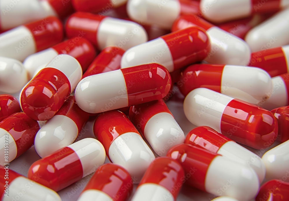 Pile of Red and white capsules on a white background. Close-up.