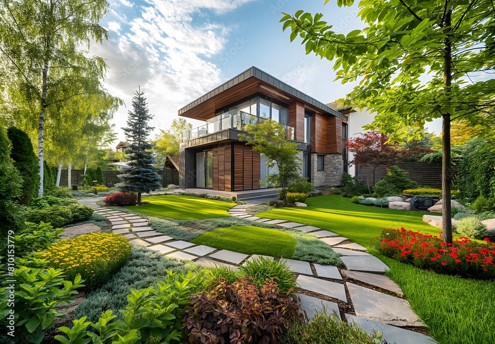 Modern Two-Story House With Lush Garden and Stone Pathway at Dusk. AI. Modern Two-Story House With Lush Garden and Stone Pathway at Dusk. AI.