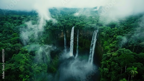 A lush green forest with a waterfall in the background. The sky is cloudy and the air is misty