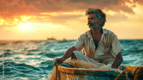 Fisherman at Sunset: A Serene Ocean Scene #810153948