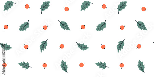 Holly leaves and berries seamless pattern. Vector Christmas background