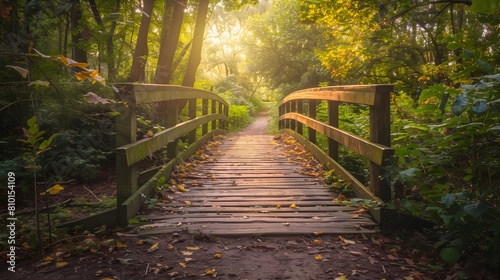 Wooden Bridge Over a Stream in a Lush Forest at Sunset. AI.