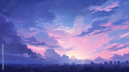 A beautiful anime-style cityscape with a pink and blue sky and clouds. The sun is setting over the city.