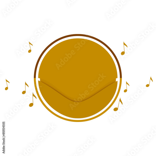 Ilustração. símbolo, logomarca circular em tons de amarelo. Notas musicais ao redor do círculo. Sensação 3D. Logo, logotipo. Musica, enredo.  Fundo transparente.  photo