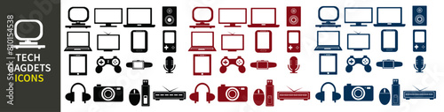 Tech Gadgets web icons set Phone, tablet, laptop, computer , tv,  radio, wrist watch, game controler , ,headphones, mouse , usb , camera , collection. Vector illustration.