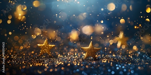 Golden Stars Shimmering Brightly During Twilight Amidst Glittering Background Bokeh. AI. photo