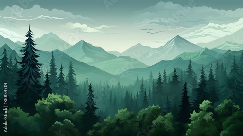 Create a beautiful landscape image of a mountain range in the distance with a pine forest in the foreground