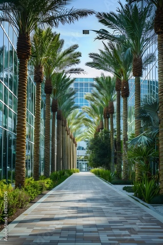 Serene Walkway Flanked by Palm Trees at a Modern Glass Building Complex. AI.