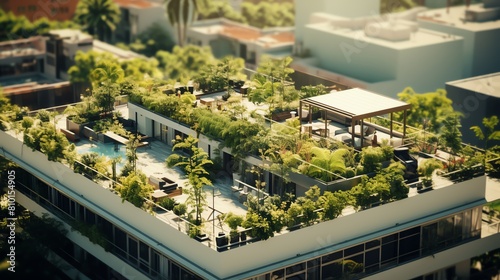 Photo of a rooftop garden with a pool, surrounded by lush greenery and offering stunning city views. Garden is a peaceful oasis in the bustling city.