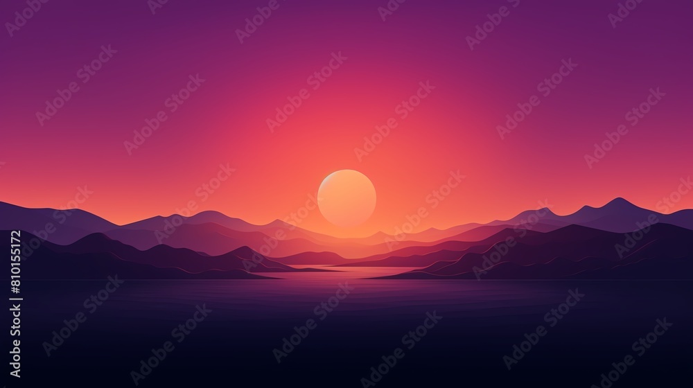 A beautiful landscape with a large pink sun setting over a mountain range. The sky is a deep purple and the mountains are dark purple A beautiful landscape with a large pink sun setting over a mountain range. The sky is a deep purple and the mountains are dark purple