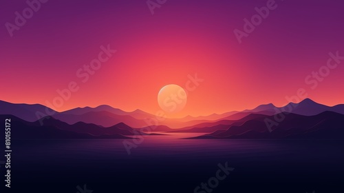 A beautiful landscape with a large pink sun setting over a mountain range. The sky is a deep purple and the mountains are dark purple