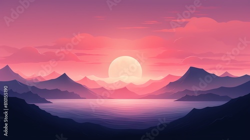 A beautiful landscape with a large pink sunset over purple mountains and a pink lake