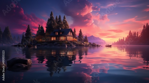 Image of a beautiful lakeside cabin at sunset
