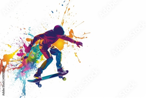 A skateboarder in colorful splashes of paint against a white background Generative AI © SKIMP Art