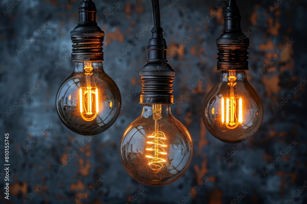 Focus on the intricate filaments within Edison bulbs, exuding a warm, inviting golden glow on a distressed grey background Focus on the intricate filaments within Edison bulbs, exuding a warm, inviting golden glow on a distressed grey background