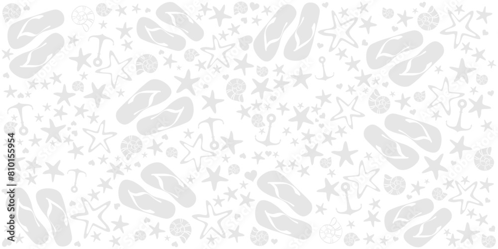 Summer gray pattern with shells, flip-flops and  anchor. Fashion print design.  Flat style. Icon Summer. Horizontal banner.  Web banner design background for header Templates. illustration