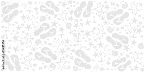 Summer gray pattern with shells, flip-flops and  anchor. Fashion print design.  Flat style. Icon Summer. Horizontal banner.  Web banner design background for header Templates. illustration photo