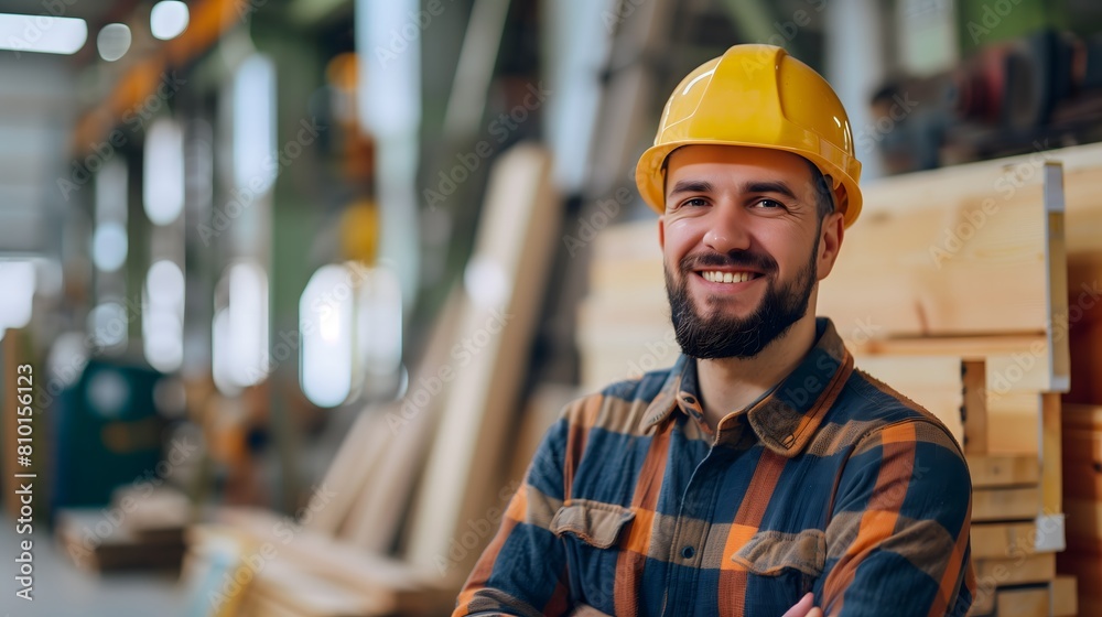 Smiling Worker in Yellow Hard Hat at Industrial Lumber Factory. AI.